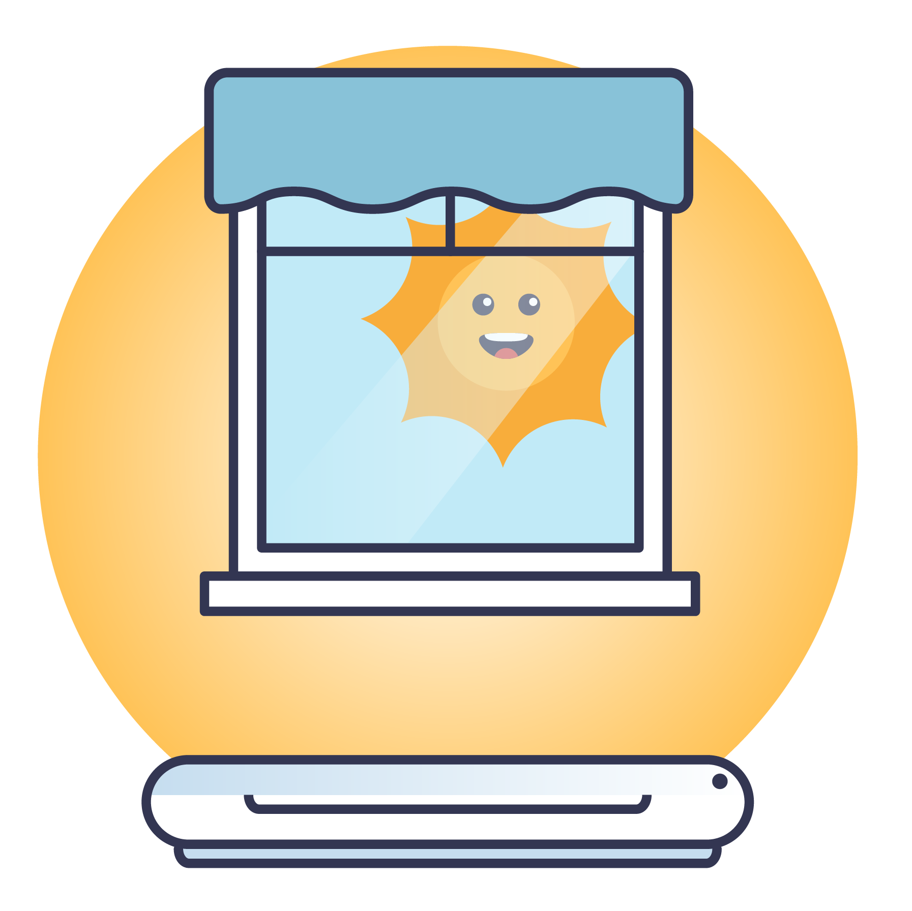 Graphic showing a window with open curtains